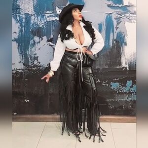 Western Black Fringe Leather Pants